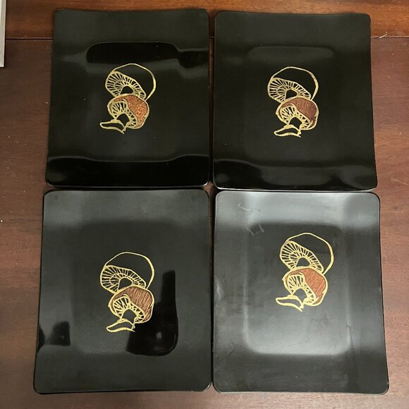 Set of 4 Mid-Century Small Couroc Mushroom Motif Trays Black Unique Plates - Picture 1 of 14